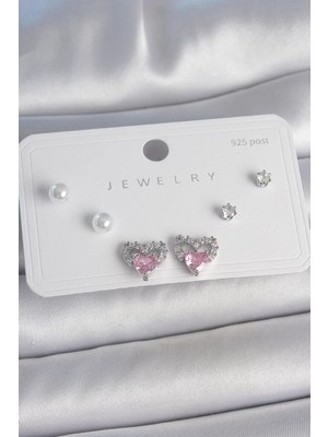 Renas Store Pirinç Gümüş Renk Pembe Zirkon Taşlı Model Inci Detay 925 Ayar Gümüş Çivi Kadın Küpe Seti - Tj