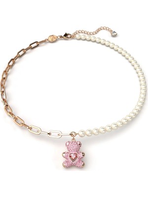 Swarovski Teddy Kolye Bear Pembe Pembe Altin Rengi Kaplama