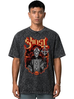 Sevbano Ghost Rock Metal Müzik Grubu Ön Baskılı Unisex Oversize Vintage Yıkamalı Tişört