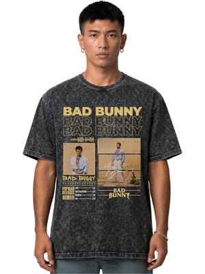 Sevbano Bad Bunny Rapper Şarkıcı Ön Baskılı Unisex Oversize Vintage Yıkamalı Tişört