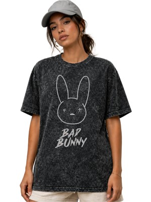 Sevbano Bad Bunny Rapper Şarkıcı Ön Baskılı Unisex Oversize Vintage Yıkamalı Tişört