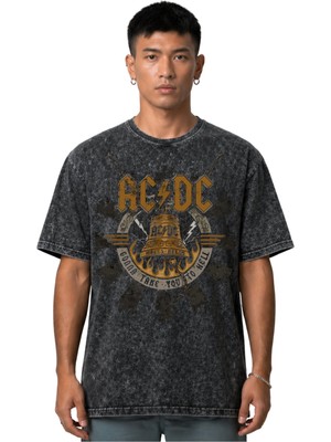 Sevbano Ac Dc Rock Metal Müzik Grubu Ön Baskılı Unisex Oversize Vintage Yıkamalı Tişört