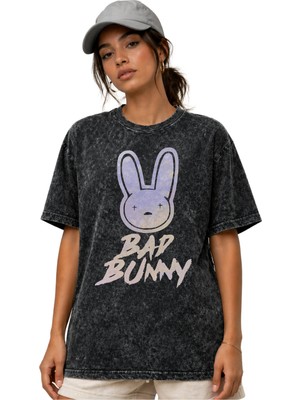 Sevbano Bad Bunny Rapper Şarkıcı Ön Baskılı Unisex Oversize Vintage Yıkamalı Tişört