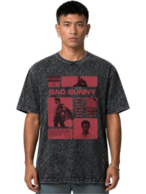 Sevbano Bad Bunny Rapper Şarkıcı Ön Baskılı Unisex Oversize Vintage Yıkamalı Tişört