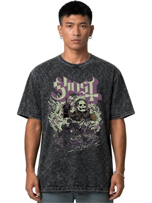 Sevbano Ghost Rock Metal Müzik Grubu Ön Baskılı Unisex Oversize Vintage Yıkamalı Tişört