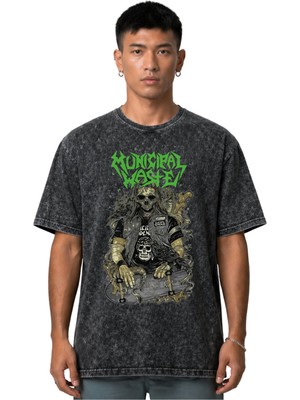 Sevbano Municipal Waste Rock Metal Müzik Grubu Ön Baskılı Unisex Oversize Vintage Yıkamalı Tişört
