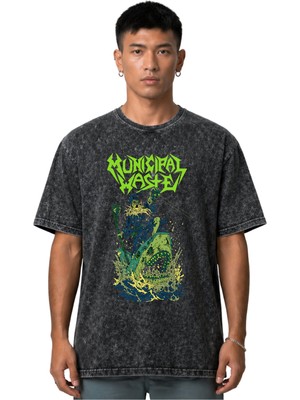 Sevbano Municipal Waste Rock Metal Müzik Grubu Ön Baskılı Unisex Oversize Vintage Yıkamalı Tişört