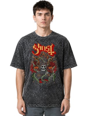 Sevbano Ghost Rock Metal Müzik Grubu Ön Baskılı Unisex Oversize Vintage Yıkamalı Tişört