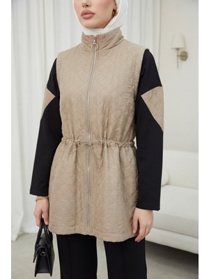Moda Morfo Kapitone Yelekli Çimalı Pantolonlu Üçlü Penye Takım  -Vizon