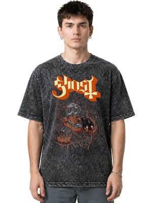 Sevbano Ghost Rock Metal Müzik Grubu Ön Baskılı Unisex Oversize Vintage Yıkamalı Tişört