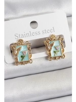 Renas Store Pirinç Yeşil Mineli Sanatsal Portre Model Gold Renk Kadın Küpe - TJ-BKP10684