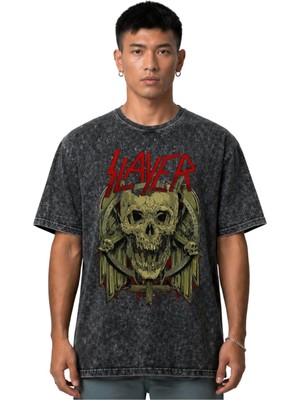 Sevbano Slayer Rock Metal Müzik Grubu Ön Baskılı Unisex Oversize Vintage Yıkamalı Tişört