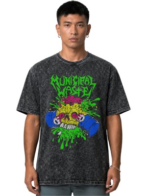 Sevbano Municipal Waste Rock Metal Müzik Grubu Ön Baskılı Unisex Oversize Vintage Yıkamalı Tişört