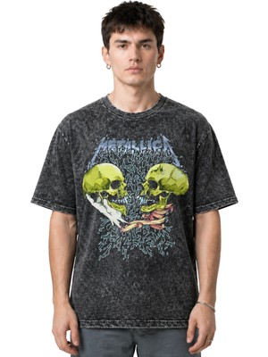 Sevbano Metallica Rock Metal Müzik Grubu Ön Baskılı Unisex Oversize Vintage Yıkamalı Tişört