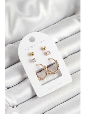 Renas Store Pirinç Zirkon Taş Halka Figürlü Gold Renk 3'lü Çift Kadın Küpe Set - TJ-BKP10652