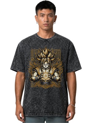 Sevbano Son Goku Dragon Ball Anime Ön Baskılı Unisex Oversize Vintage Yıkamalı Tişört
