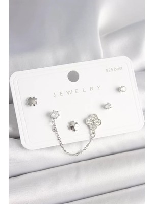 Renas Store 925 Ayar Gümüş Çivi Pirinç Gümüş Renk Zirkon Taşlı Yonca Model Sallantı Zincir Detay Kadın Küpe Set