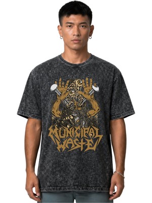 Sevbano Municipal Waste Rock Metal Müzik Grubu Ön Baskılı Unisex Oversize Vintage Yıkamalı Tişört