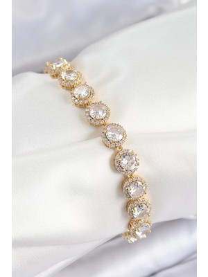 Renas Store Pirinç Zirkon Taşlı Daire Baget Model Gold Renk Vip Seri Kadın Bileklik - TJ-BB7514