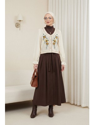Moda Morfo Çiçek Nakışlı Triko Detaylı Düğmeli Bohem Bluz -Bej