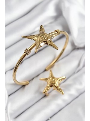 Renas Store Pirinç Deniz Yıldızı Model Gold Renk Bileklik Yüzük Set - TJ-BB7600