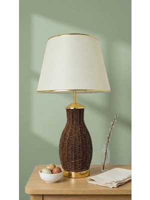 Decodelight Kahverengi Örme Hasır ve Gold Detay Ayak Açık Krem Gold Şeritli Kumaş Şapka Modern Abajur Modelleri
