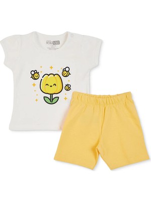 Hellobaby Kız Bebek Tişört-Şort Çiçek Baskılı Çıtçıtlı Bisiklet Yaka Kısa Kol Reçme