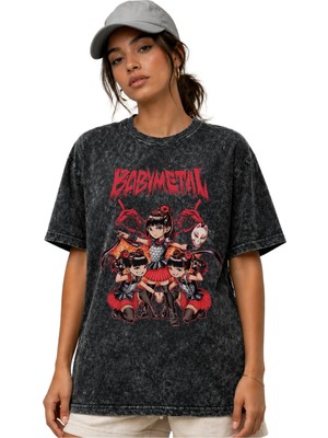 Sevbano Babymetal Rock Metal Müzik Grubu Ön Baskılı Unisex Oversize Vintage Yıkamalı Tişört