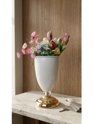 Decodelight Modern Dekoratif Desenli ve Kristal Taşlı Gold Ayaklı Beyaz Vazo Masa Üstü Aksesuar Dekor