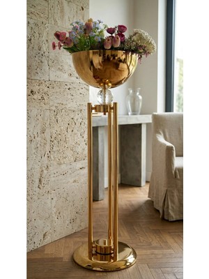 Decodelight Gold Meşale Model Uzun Dekoratif Boru Metal Ayaklı 30 cm Çapında Aksı Bahçe Teras Ev Çiçeklik Saksı Standı Vazo Dekor