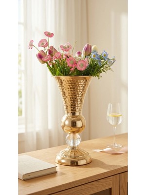 Decodelight Gold Dekoratif Desenli Metal Ayak Kristal Taş 20 cm Çapında Salon Düğün Nişan Vazo Masa Dekor