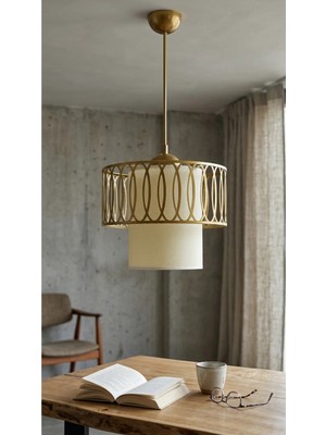 Decodelight Eskitme Metal Kasalı ve Açık Krem Kumaş Pasta Model Bohem Ev Teras Hol Cafe Tekli Sarkıt Avize