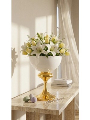 Decodelight Gold Beyaz Dekoratif Ayaklı Metal Ayaklı 25 cm Çapında Salon Düğün Nişan Vazo Masa Dekor