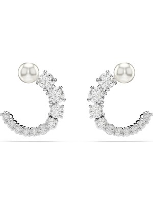 Swarovski Matrix Halka Küpe Kristal Inci Round Cut Beyaz Rodyum Kaplama