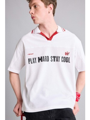 DeFacto %100 Pamuk Loose Fit Polo Yaka Slogan Baskılı Kısa Kollu Polo Tişört G4274AX26SM