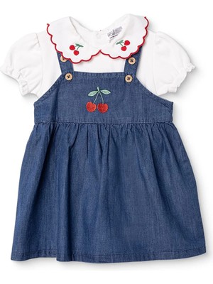 Hellobaby Kız Bebek Salopet Jile-Tişört Kiraz Baskılı Çıtçıtlı Bebe Yaka Kısa Kol