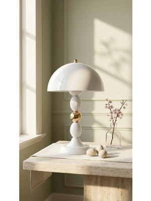 Decodelight Beyaz Oval Beyaz Gold Toplu Ayaklı Mantar Model Metal Şapkalı Abajur Masa Lambası Aydınlatma