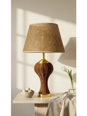 Decodelight Kahverengi Örme Hasır Vegold Detay Ayaklı Kahverengi Hazeran Kumaş Şapkalı Modern Abajur Modelleri