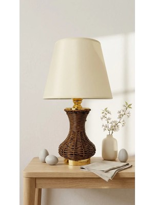 Decodelight Kahverengi Örme Vazo Hasır Model Gold Detay Ayaklı Açık Krem Kumaş Şapkalı Modern Abajur Modelleri