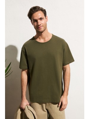 Grimelange Axıon Erkek %100 Organik Pamuklu Yuvarlak Yakalı Regular Fit Haki T-Shirt