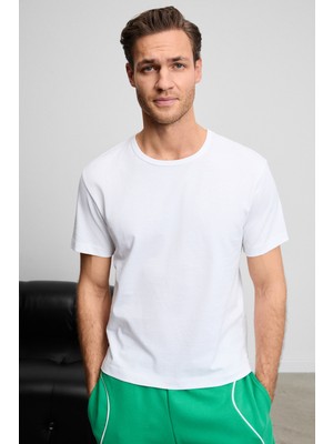 Grimelange Fayon Erkek Yumuşak ve Esnek Kumaşlı Organik Pamuklu Yuvarlak Yakalı Beyaz T-Shirt
