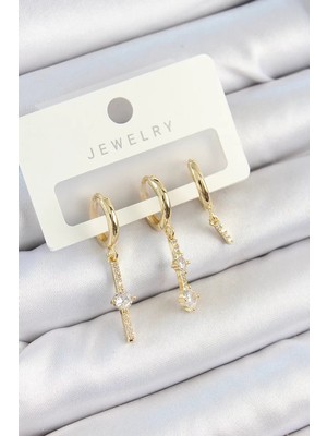 Renas Store Pirinç Zirkon Taşlı Sallantılı Model Gold Renk 3'lü Çift Kadın Küpe Set - TJ-BKP10815