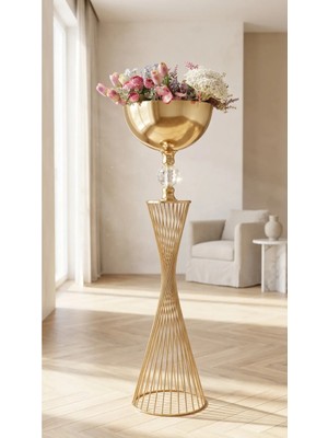 Decodelight Gold Burgu Model Uzun Dekoratif Kristal Taşlı Metal Ayaklı 30 cm Çapında Bahçe Teras Ev Çiçeklik Saksı Standı Vazo Dekor