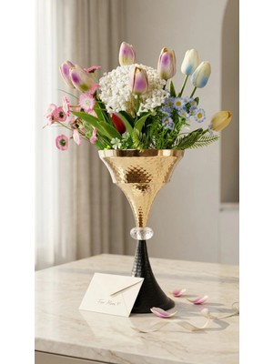Decodelight Siyah Gold Dekoratif Kristal Taşlı Metal Ayaklı 20 cm Çapında Salon Düğün Nişan Vazo Masa Üstü Dekor