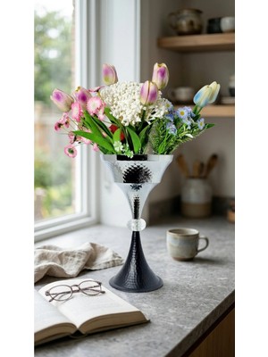 Decodelight Siyah Krom Dekoratif Kristal Taşlı Metal Ayaklı 20CM Çapında Salon Düğün Nişan Vazo Masa Üstü Dekor