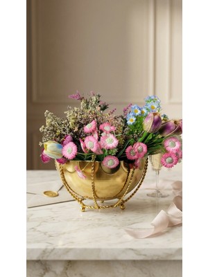 Decodelight Modern Dekoratif Gold Desenli Tel Ayaklı 25 Cm. Dalgalı Salon Vazo Çiçeklik Masa Üstü Aksesuar Dekor