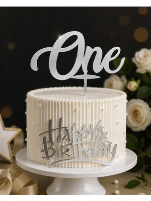Bkmc 1 Yaş One Pasta Süsü Seti Pleksi Gold & Gümüş Happy Birthday Pasta Önü Yazı Dekor