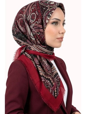 Hadiora Kadın Kırmızı Bordo Etnik Desenli Flamlı Eşarp