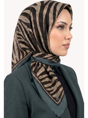 Hadiora Kadın Mint Kahve Zebra Desenli Flamlı Eşarp