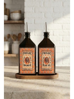 Frolde Ahşap Stantlı 2'li Amber 500 ml Yassı Cam Ayçiçek Yağı Zeytinyağı Şişesi Yağdanlık